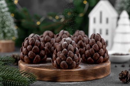 Christmas chocolate brownie pine cones with chocolate flakes and powdered sugar on a wooden board on a dark background. Christmas and New Year delicious dessert. Copy spaceの写真素材