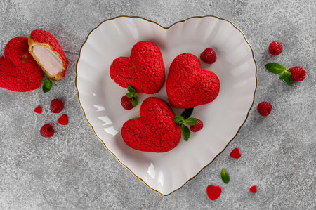 Heart-shaped profiteroles with red craquelin and raspberry cream - Valentine's Day dessert on a...