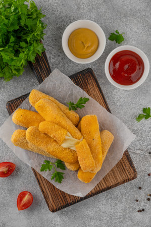 Crispy breaded mozzarella sticks on a board with parsley, served with ketchup and mustard dips. Golden fried texture, appetizing snack on gray background. Top viewの写真素材