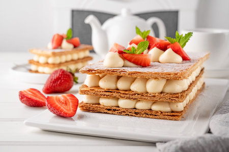 French dessert millefeuille with vanilla cream and fresh strawberries on a white plate on a white...