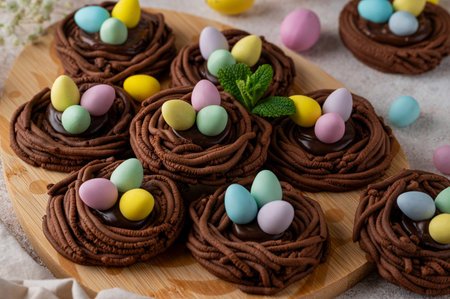 Easter chocolate nest cookies with chocolate cream and colorful candy eggs on a wooden board. Easter...