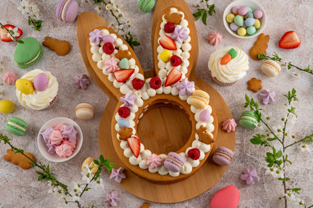 Easter honey cake in the shape of a bunny with whipped cream, decorated with fresh berries and...
