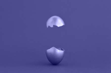 Easter egg surprise concept. Golden easter egg broken in half on a red background, levitation. copyspace.の写真素材