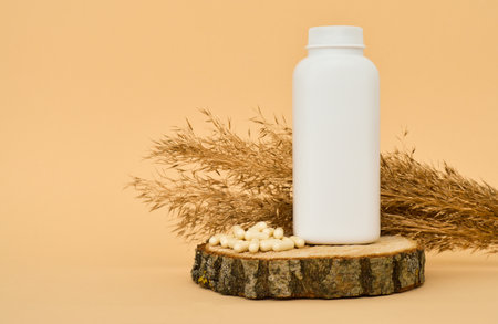 White plastic packaging lies from medicines stands on a wooden podium next to the pampas grass, pills lie next to it, a mock-up of packaging of medical products.の写真素材