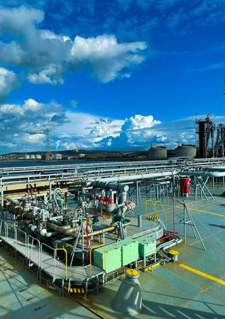 LPG cargo ship docked in the port. View from the deck of the ship to the shore and gas tanks....