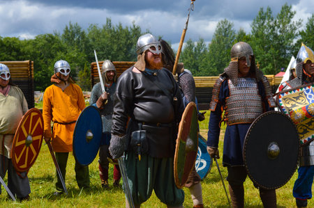Pskov, Russia, July 10. 2022. Historical Reenactment. Epic Invading Army of Medieval Knights on...