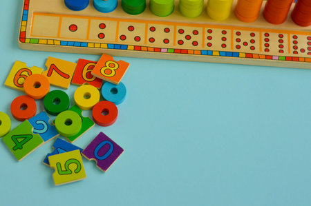 Math game for children. Natural materials, wooden. Score, number composition. Home education...
