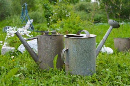 Two old metal watering cans stand on the grass in summerの写真素材