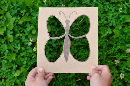 Development of children's fantasy and imagination. A butterfly cut out of a cardboard box against the background of green clover grass, what to do with children in the summer.の写真素材