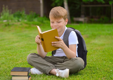 A smiling Caucasian boy with a briefcase sits on the lawn and reads a book, the concept of...
