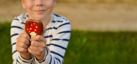 outdoor workshop in summer. A selective focus of a schoolboy boy holding a painted flat stone in his hands. Do it yourself.の写真素材