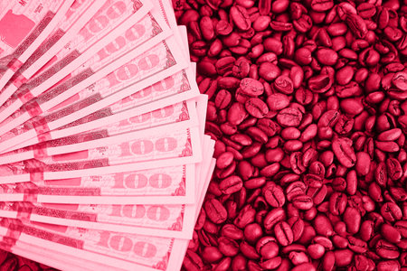 The 100 dollar bills are on roasted coffee beans. The concept of rising food prices, the global food crisis. tinted imageの写真素材