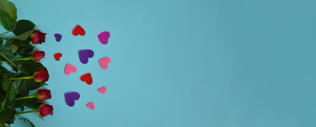 Valentines day background, Valentines day card with roses and and hearts made of felt
