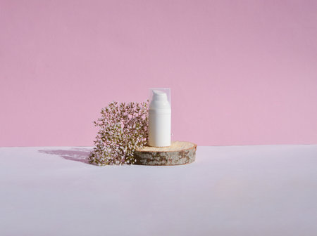 Wooden podium and dry flower with a white jar of cosmetic productsの写真素材