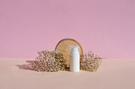 Wooden podium and dry flower with a white jar of cosmetic productsの写真素材