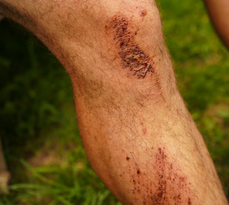 Wounds, scratches, abrasions on the leg, knee close up. Emergency accident open abrasion wound trauma skin leg knee. People, healthcare and medicine conceptの写真素材