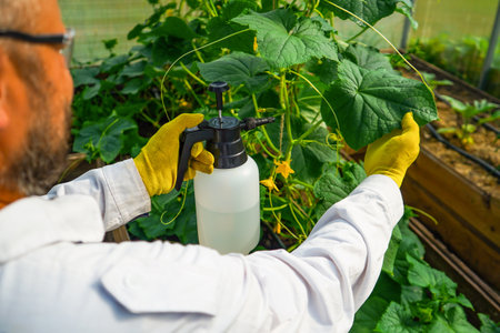 Close up shot of a gardener spraying insecticide on cucumber seedlings indoors. insect pest infestation. Feed the vegetable blush by the lead at the stage of puddingの写真素材
