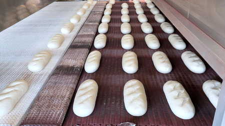 Big bakery bread industrial production line. Fresh bread dough entering the Bread Baking Furnace....