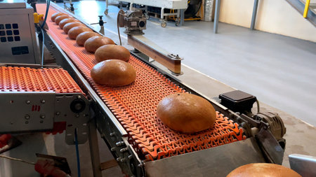 A loaf of bread on the production line in a bakery. Baked loaf of bread in the bakery, just came out of the oven with a beautiful golden color.の写真素材