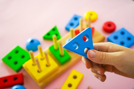 eco wooden toys. The child collects a sorter. Educational logic toys for kids. Montessori Games for Child Developmentの写真素材