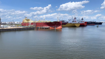 Houston, TX, US - April 12, 2023. Galveston Texas off shore oil platforms port industry fast. Structure with living and industrial facilities to drill wells, extract process oil and natural gas.のeditorial素材