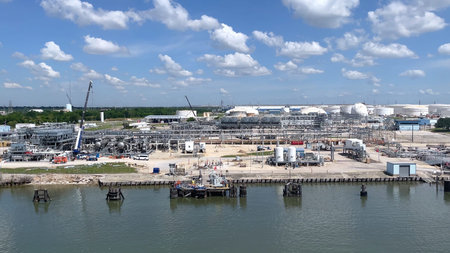 Houston, TX, US - April 12, 2023. Galveston Texas off shore oil platforms port industry fast....