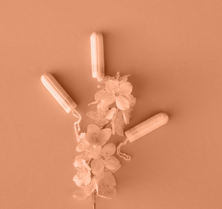 Women's and gynecological health care. Menstrual cycle. Hygiene care during critical days. Tampon woman Clean and safe Menstruation, means of protection.の写真素材