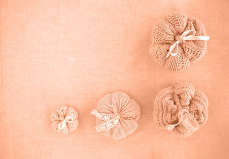 Hobby background with handmade knit pumpkins. DIY, craft decoration for fall and winter holidays. Flat lay, top view Peach fuzz is color of year 2024 tinted imageの写真素材