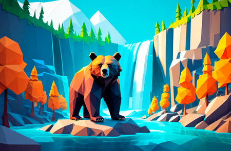 Abstract polygonal animal. A bear on the background of a waterfall.の素材