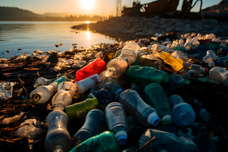 A dirty and full garbage near the sea. Bad view in a seashore. Plastic pollution.の素材