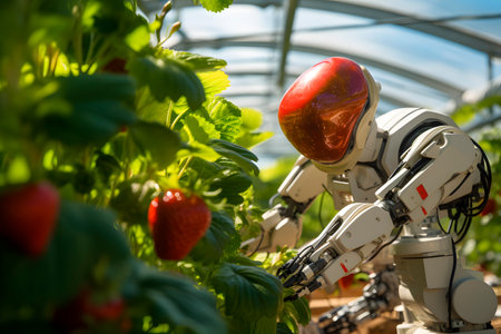 Smart robotic farmers works in a greenhouse for growing strawberries, harvests berries. The development of technologies in agriculture.の素材