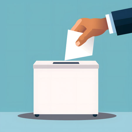 Hand puts vote bulletin into vote box. Election concept. Flat design. Election box mockup.の素材