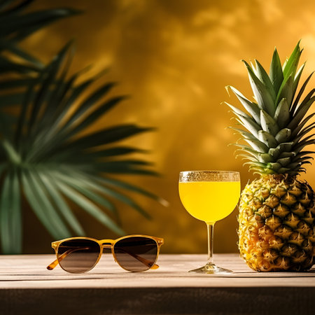 Pineapple juice in a glass cup on a wooden table next to sunglasses, a summer vacation concept.の素材
