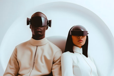 Stylish guy and girl in futuristic glasses, studio shot.の素材