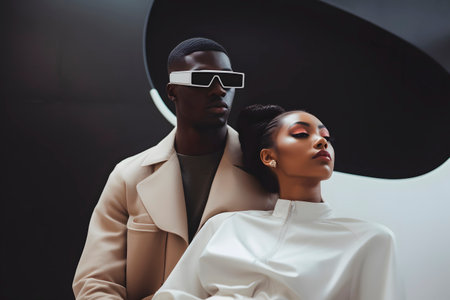 Stylish guy and girl in futuristic glasses, studio shot.の素材