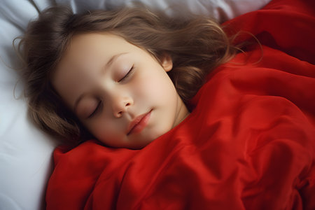 Little brunette girl sleeps sweetly in bed with red a blanket. healthy baby's sleep.の素材