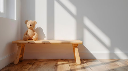 A wooden bench with a teddy bear standing against a wall with a window, hard shadows, minimalism in design.の素材