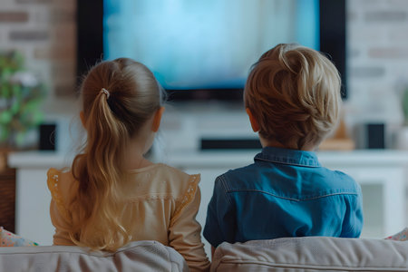 Rear view of a child watching TV.の素材