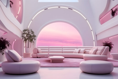 Elegant room pink interior with comfortable furniture, minimalism, futuristic design.の素材