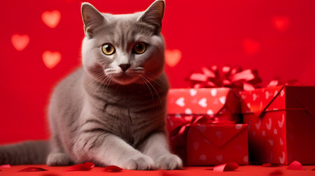 A gray cat is sitting next to gift boxes on a red background.の素材