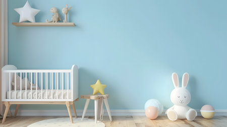 Stylish scandinavian newborn baby room with wooden cabinet, toys. Modern interior with blue background walls, wooden parquet. Home decor.の素材