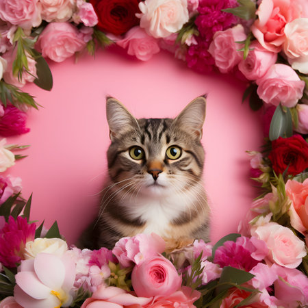Beautiful Gray cat sitting among flowers on a pink background.の素材