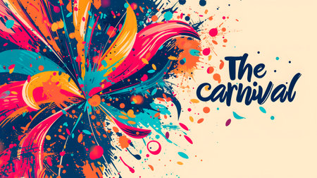 Popular Event in Brazil. Festive Mood. Carnaval Title With Colorful Party Elements Saying Come to Carnival. Travel destination. Brazilian Rhythm, Dance and Music.の素材