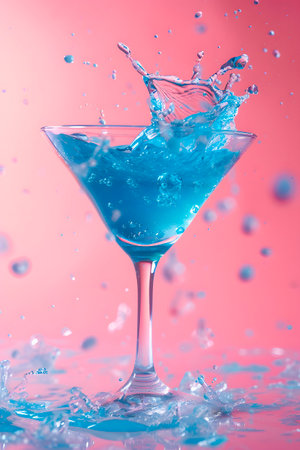 Martini cocktail glass splashing on pink background or colorful cocktail in glass with splashes. Party club entertainment.の素材