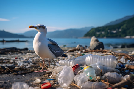 Sea gull on the coast polluted by plastic debris.の素材
