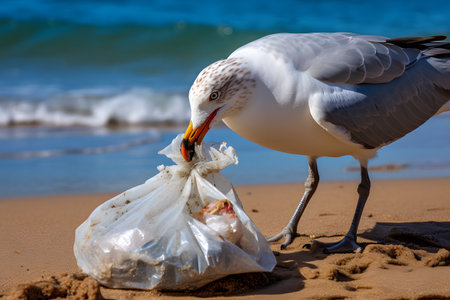 Seagull with a plastic bag in the beak on the sea shore. Seagull eat a plastic bag. Microplastic is food for sea birds. Garbage at ocean. Envo Ocean pollution concept. Environmental warning.の素材