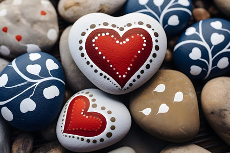 Smooth sea stones painted with acrylic paints in the form of hearts.の素材