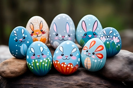 Easter party concept. Smooth sea stones painted with acrylic paints in the form of Easter bunnies.の素材