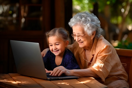 child daughter studying at home in kitchen with mom. kid girl distance learning virtual online class with mother or tutor helping doing homework together during remote education.の素材