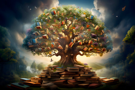 Education, tree of knowledge and open book, effective modern education template design. Back to school conceptの素材